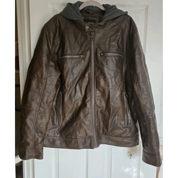 GUESS Mens Faux Leather Hooded Moto Jacket Brown XXL Zip Hood Wind Water Resist - Picture 6 of 16